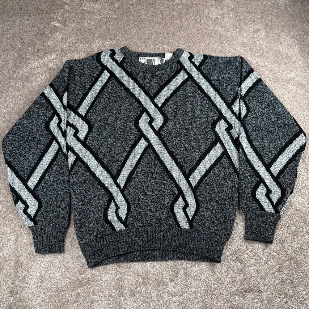 Vtg Front Line Grey Black Abstract Geometric Knit Sweater Size L 90s
